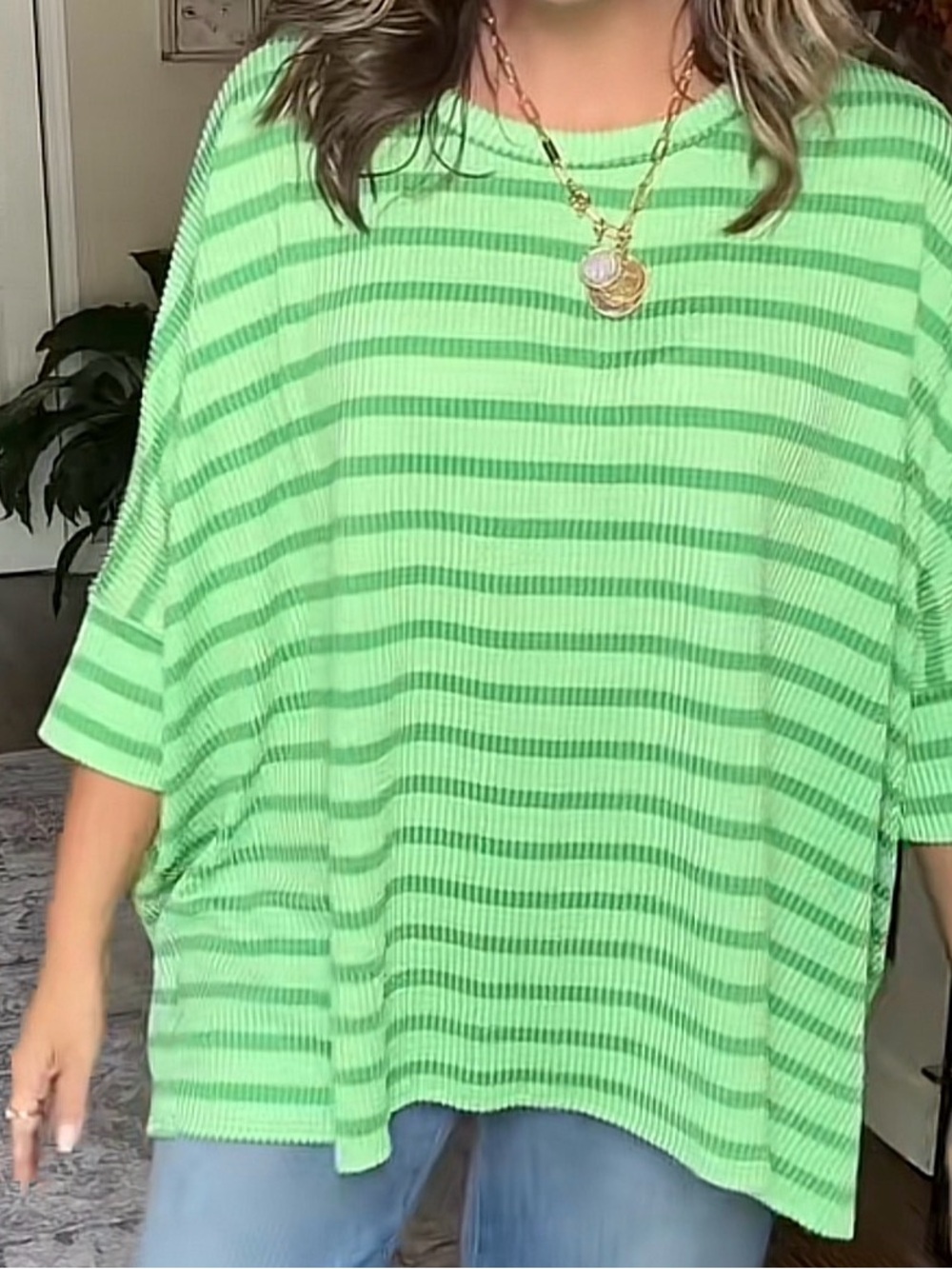 Green Striped Ribbed 3/4 sleeve Top plus fits 3X